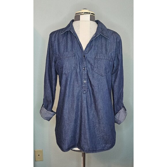 Liz Claiborne Womens Polka Dot Chambray Shirt Tab Sleeves Half Button Front Sz M - Picture 2 of 10
